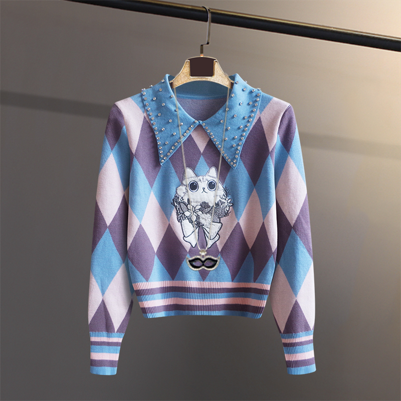 针织套头娃娃领钉珠刺绣小猫咪