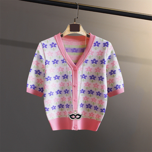 春季INS小香风花朵刺绣V领针织开衫女短袖外套显瘦百搭温柔风上衣