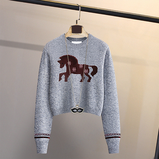 春秋复古打底可爱风卡通马图案针织衫女套头圆领短款毛衣长袖上衣