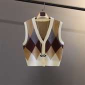 早秋针织马甲V领开衫 外搭背心坎肩叠穿上衣 毛衣女菱格学院风无袖