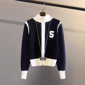 圆领毛衣外套显瘦拉链长袖 女秋冬开衫 上衣 针织衫 复古数字拼色厚款