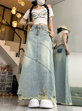 菲乐品牌大码复古破洞牛仔半身裙女夏季高腰宽松显瘦中长款包臀a