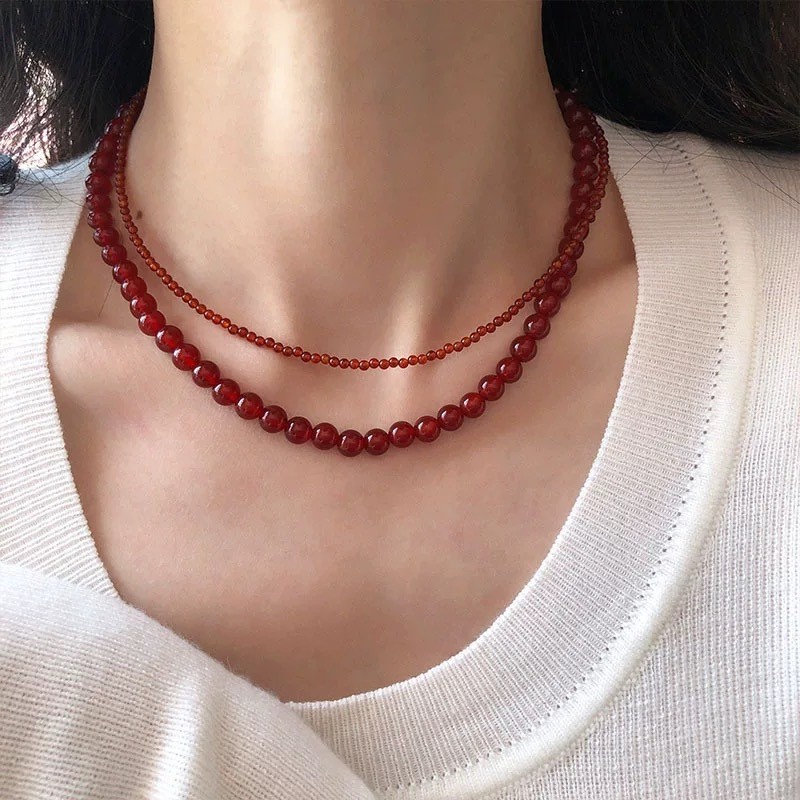 进口经典红玛瑙项链精致复古高级轻奢百搭铜镀金元宝扣天然石锁骨