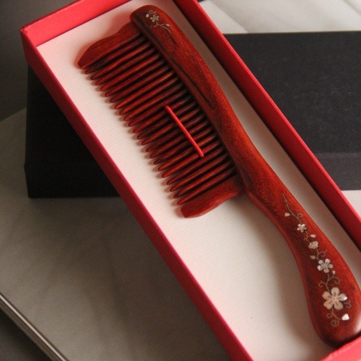 印度小叶紫檀木梳子螺钿工艺镶嵌贝壳送礼女生按摩头皮经络长柄梳