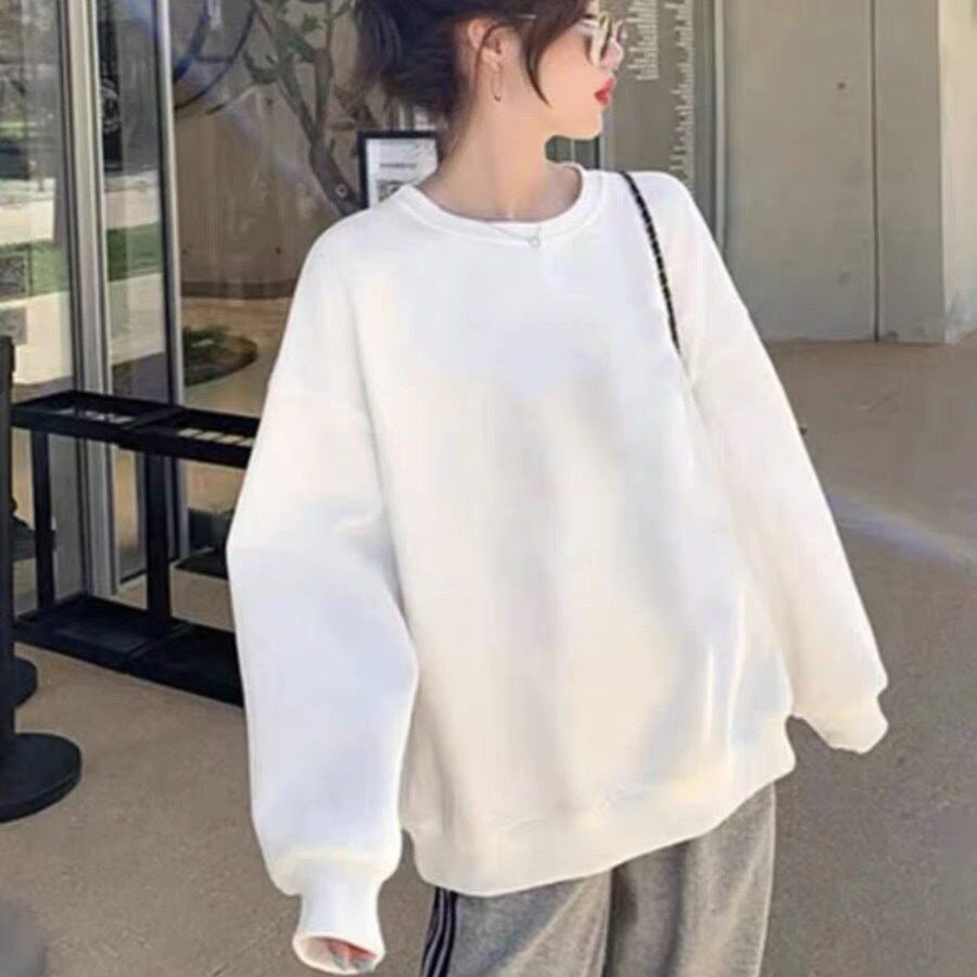 白色宽松韩版圆领套头卫衣女薄款外套2024春秋新款爆款纯棉上衣