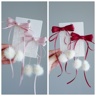 儿童古风头饰甜美蝴蝶结毛球发夹女珍珠链条超仙公主发饰头花对夹