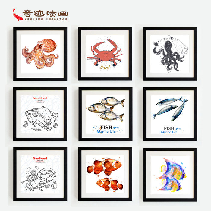 海鲜水产鲜活八爪鱼装饰画 深海鱼虾螃蟹手绘相框画 生鲜店墙饰