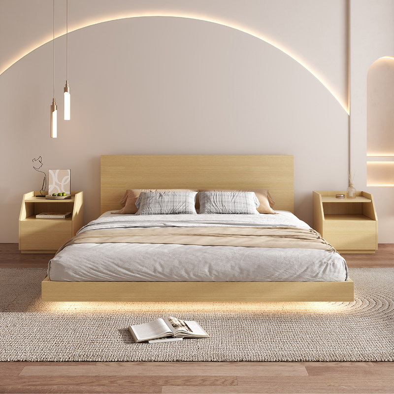 2023年新款悬浮床现代简约一米五双人主卧客卧原木风家具薄床头床
