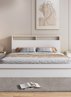 奶油风纯实木床简约现代一米八双人主卧大床排骨架白色收纳储物床