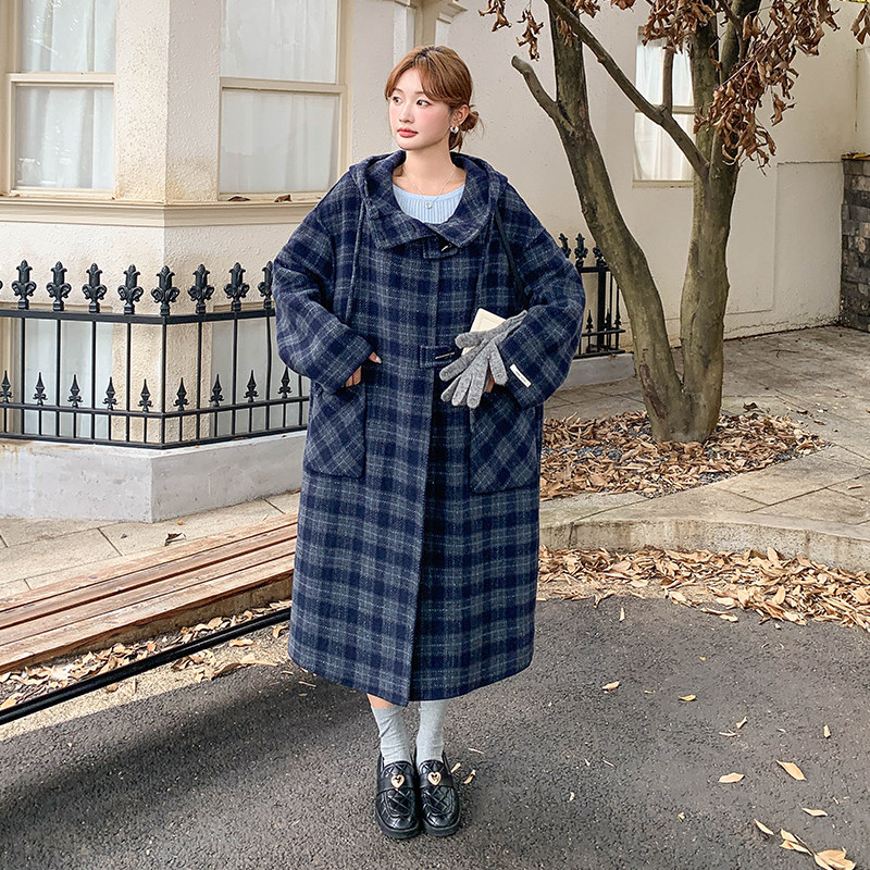 深蓝色复古格纹双面呢连帽大衣女秋加厚学院风中长款双面羊绒外套,女装毛呢外套,2D122