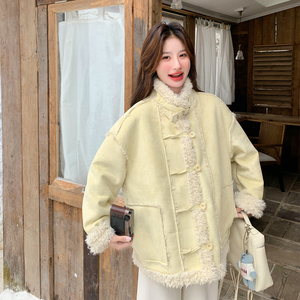 黄色巨好看羊羔毛外套女2025冬季新款高级感加绒加厚皮毛一体上衣图片
