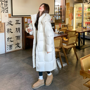 米白色韩系连帽棉服女2025年冬季新款高级感长款过膝加厚面包服潮图片