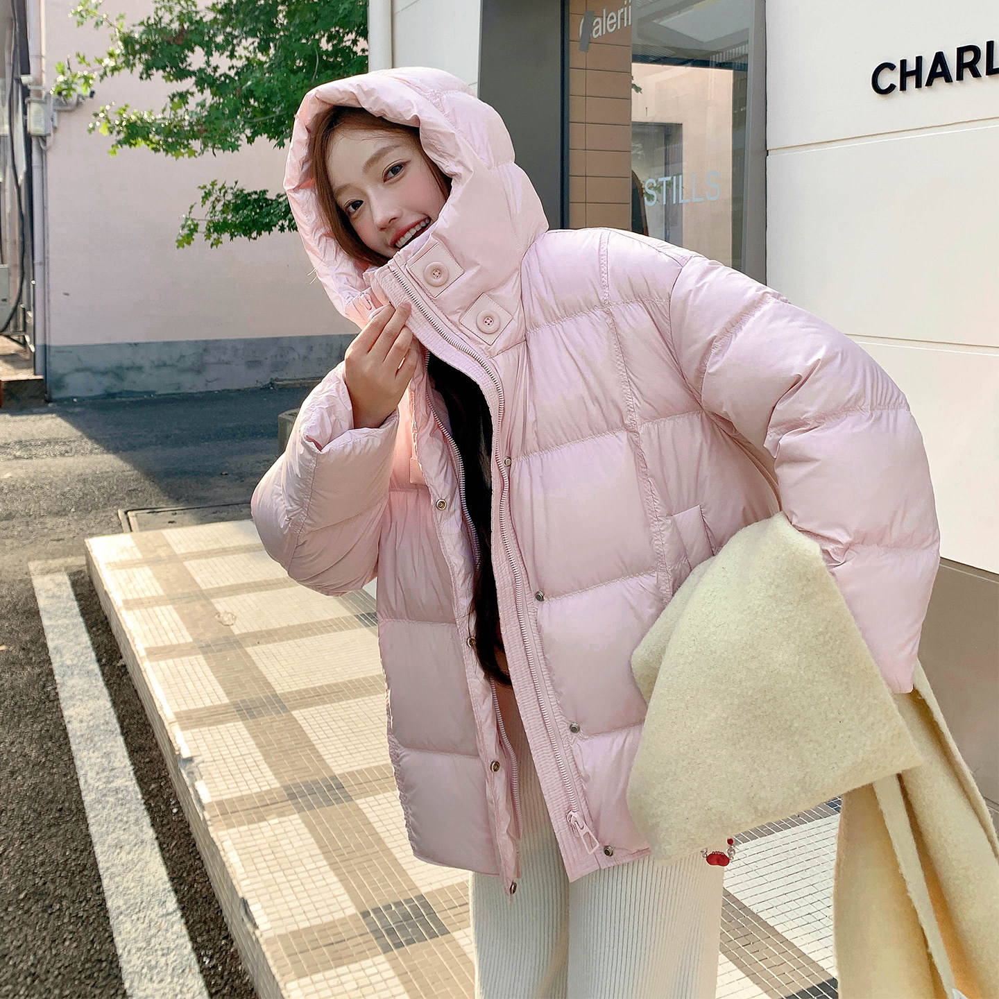 粉色连帽短款羽绒服女2025冬季新款韩系超好看保暖加厚白鸭绒外套,女装羽绒服,2D122