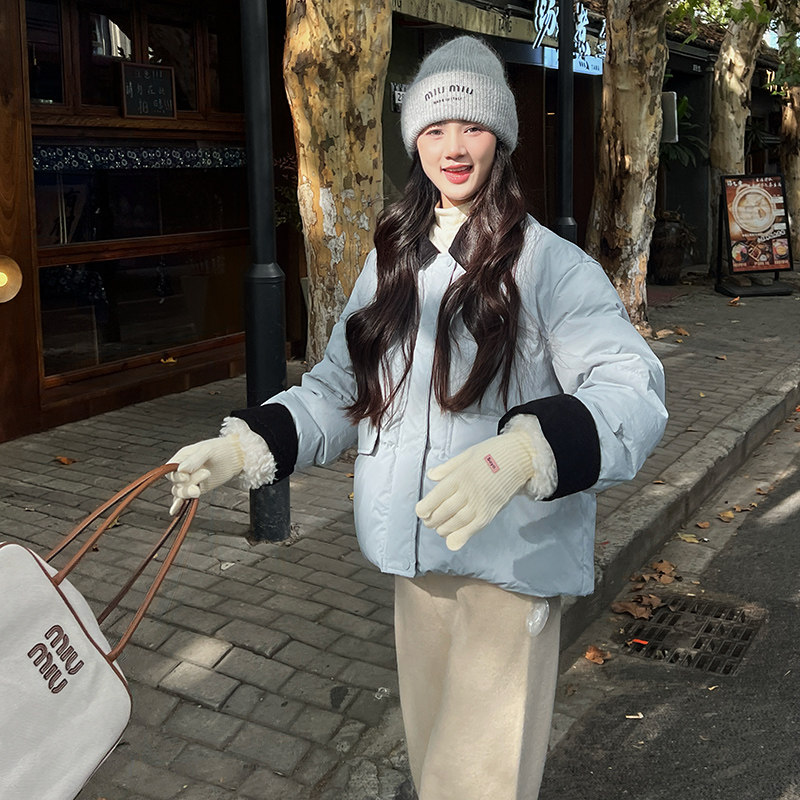 撞色翻领紫色羽绒服外套女冬季新款小个子面包服奶乎乎温柔白鸭绒,女装羽绒服,2D122