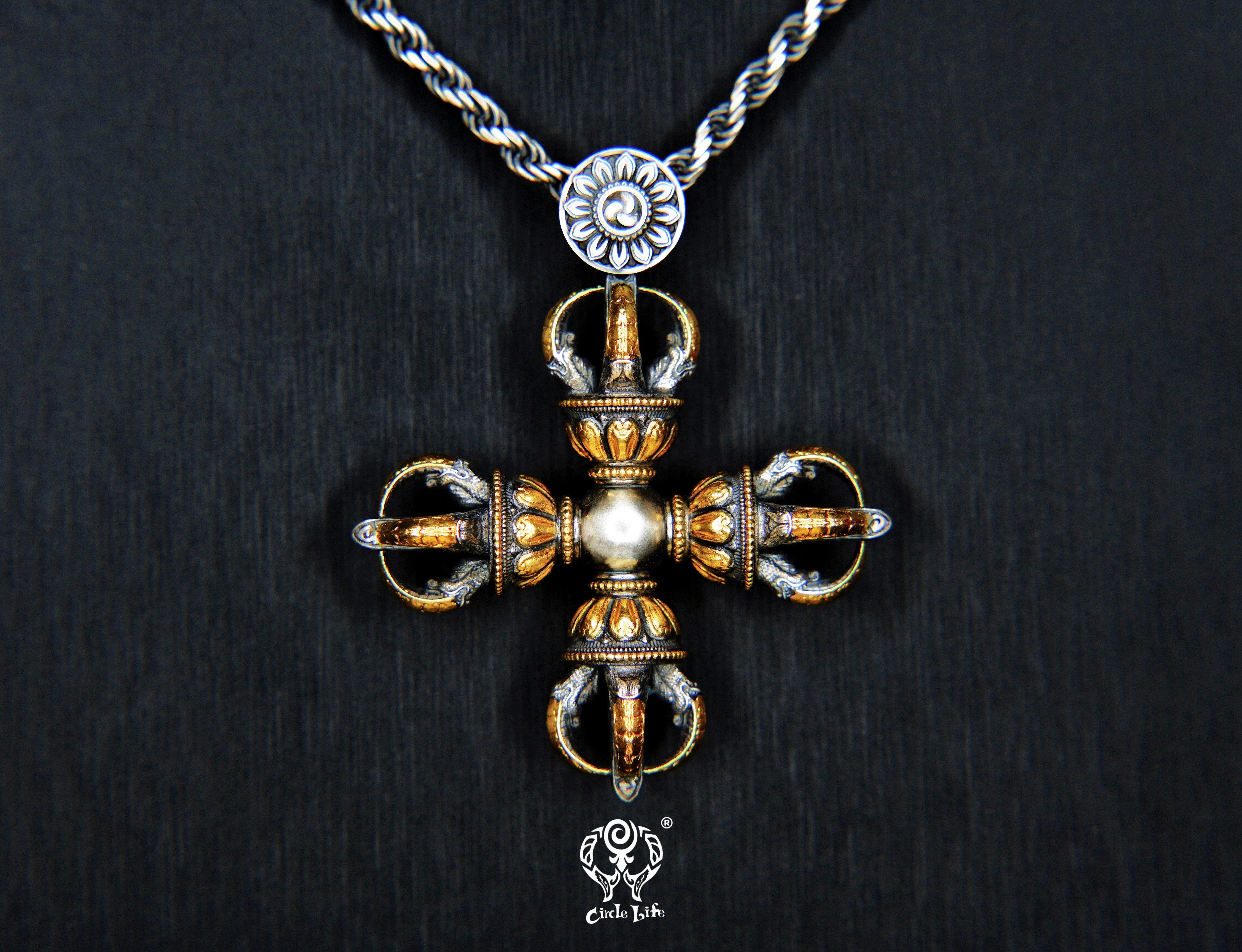 circlelife 藏传风格系列五股十字金刚降魔杵吊坠 包金版原创手工