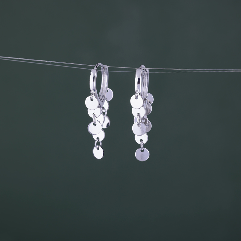 s925纯银光面圆片流苏耳扣女几何耳环复古港风2023新款气质耳饰