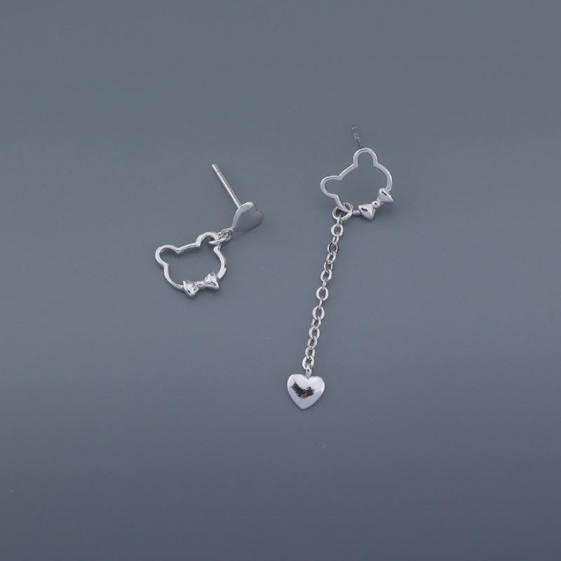 s925纯银萌系小熊不对称耳环女爱心短款流苏耳坠小巧气质耳钉耳饰