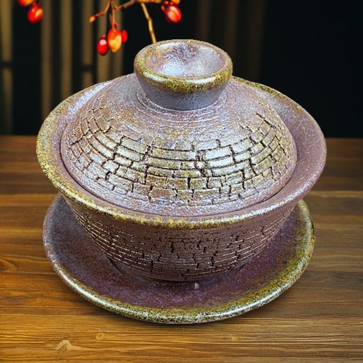 云南曲靖潦浒粗陶盖碗茶具