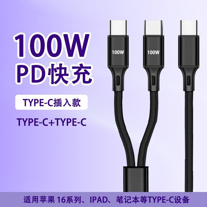 编织PD100W一拖二双Typec快充线