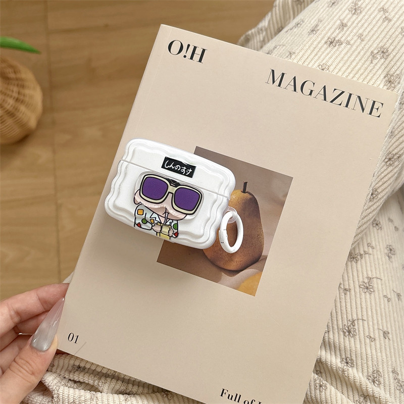 戴眼镜的小新 适用于airpods1/2代耳机套pro3代苹果pro2蓝牙保护套新款软壳送挂扣卡通白色波浪纹透明耳机包