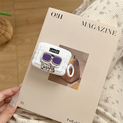 戴眼镜的小新 适用于airpods1/2代耳机套pro3代苹果pro2蓝牙保护套新款软壳送挂扣卡通白色波浪纹透明耳机包