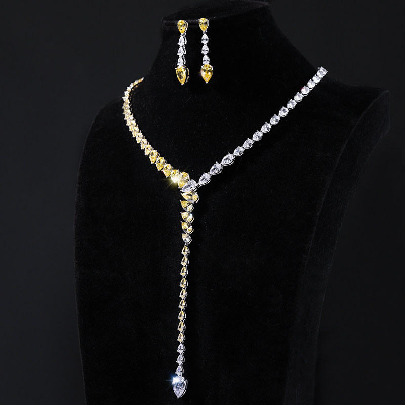 仿真925纯银莫桑钻Y型黄钻石水滴钻石项链女 时尚晚宴项链 名媛款