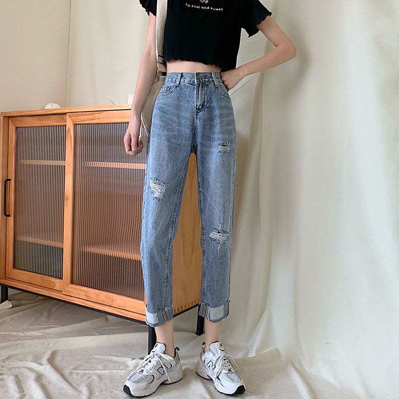 破洞牛仔裤女秋季2022新款高牛仔裤