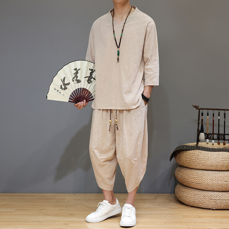 夏季亚麻睡衣套装男短袖七分裤棉麻家居服中国风汉服中式汗蒸服