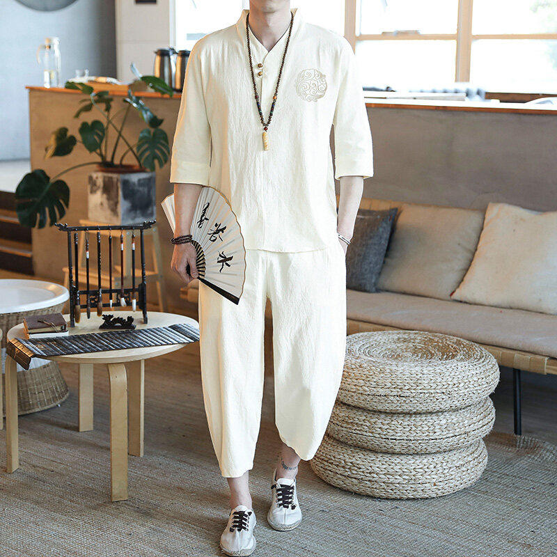 棉麻睡衣男士夏季薄款新中式复古唐装亚麻家居服套装禅服可外穿
