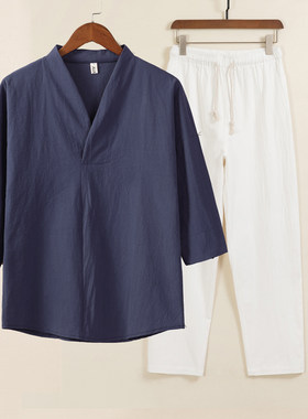 棉麻家居服简约睡衣套装