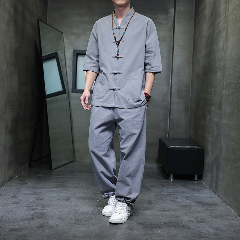 中国风棉麻睡衣套装男士短袖长裤夏季亚麻家居服中式唐装汉服禅服