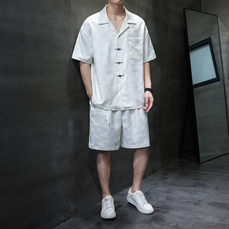 中国风冰丝睡衣男夏季中式唐装汉服提花短袖短裤衬衣家居服套装