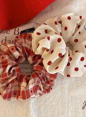 红色波点格纹大肠发圈女复古安可拉红肥肠发绳气质扎丸子头花头绳