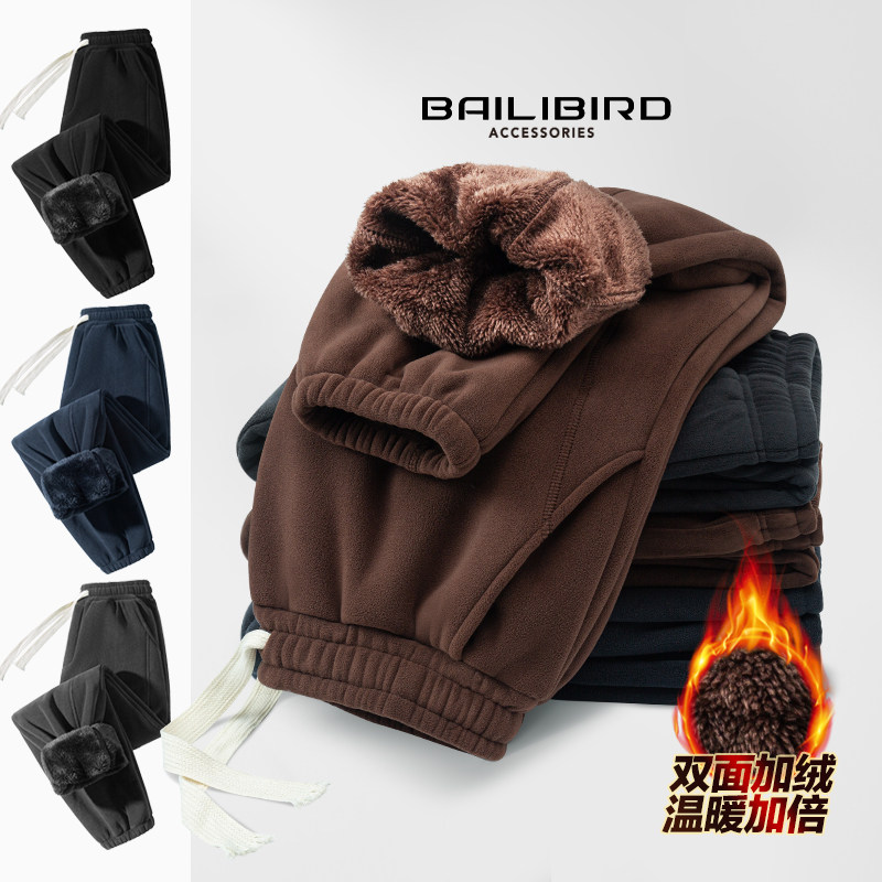重磅双面加绒加厚抓绒卫裤宽松羊羔绒冬季运动保暖男款束脚长裤子