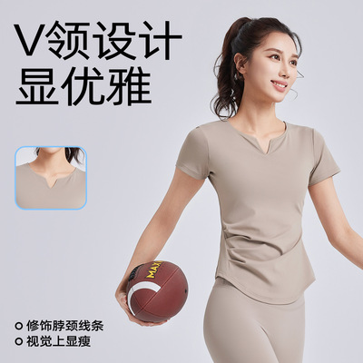 新款v领褶皱紧身瑜伽服短袖防震固定一体杯显瘦健身运动上衣女