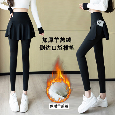 羊羔绒假两件裙裤加绒加厚鲨鱼裤口袋高腰大码外穿跨境瑜伽打底裤