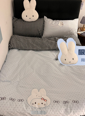 晚安猫软糯小兔子贴布绣亲肤四件套少女心可爱被套床单宿舍三件套