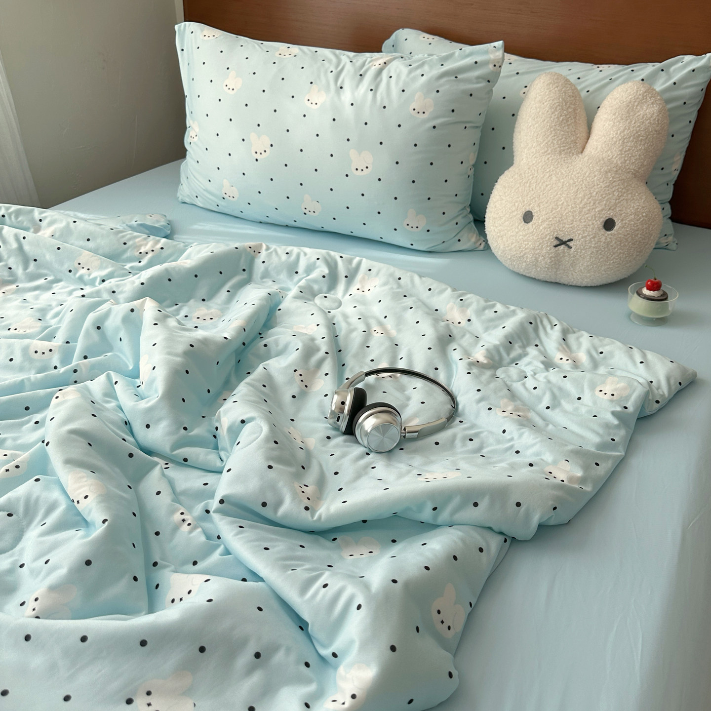 晚安猫少女风兔兔波点凉感夏被套件治愈小清新夏凉被空调被床品