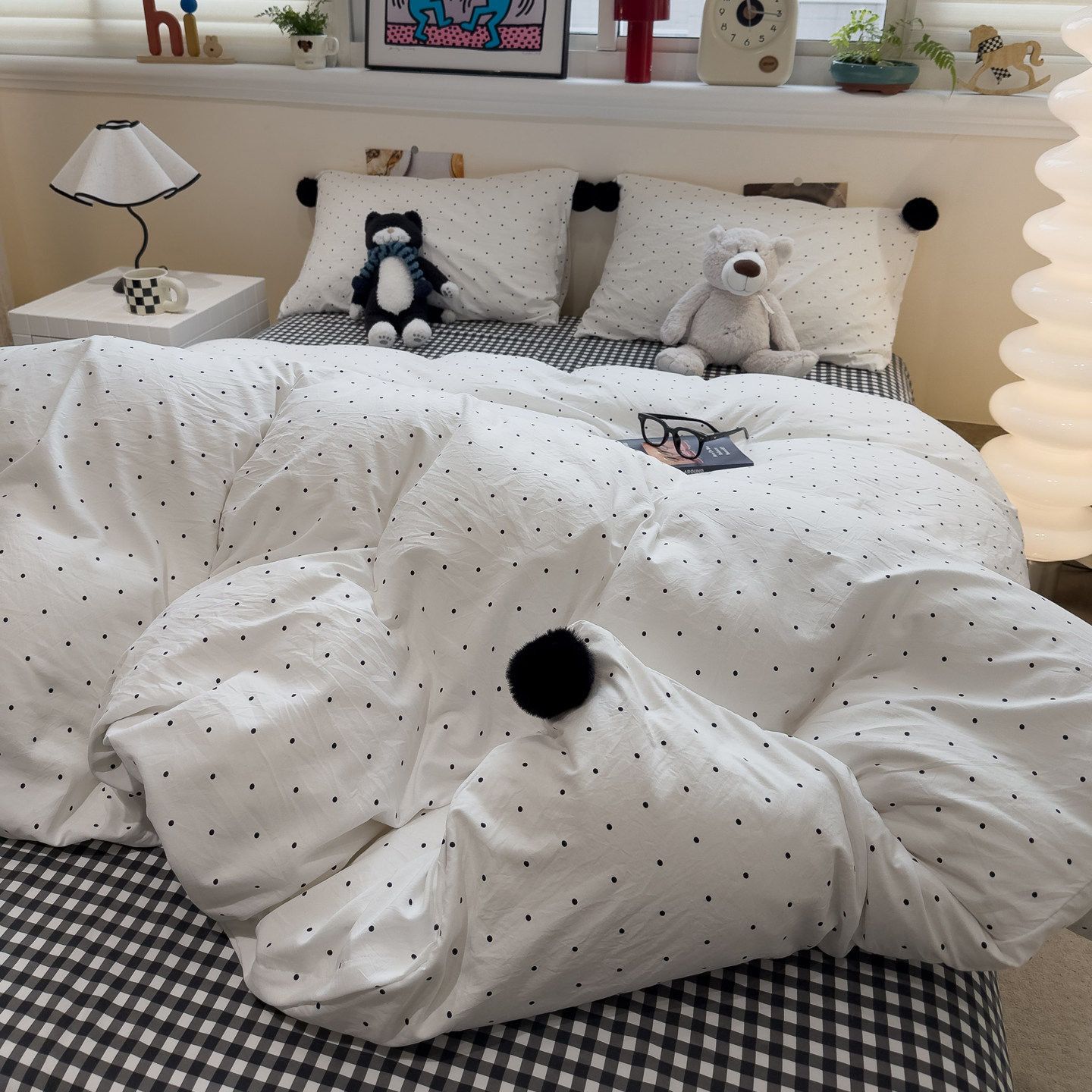 晚安猫ins波点毛球球款水洗棉四件套简约韩系床单床笠宿舍三件套