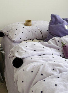 晚安猫ins芋泥紫波点牛奶绒保暖四件套可爱兔毛球加厚被套1.5床单