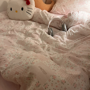 晚安猫碎花格格猫亲肤超柔水洗棉四件套小清新三件套床单被套床品