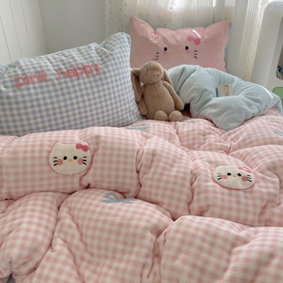 晚安猫格子猫咪毛巾绣亲肤牛奶绒少女四件套学生宿舍被套床上用品