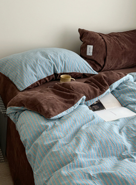 晚安猫ins风色织A面纯棉B面牛奶绒四件套宿舍三件套床单床笠床品