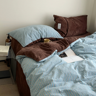 晚安猫ins风色织A面纯棉B面牛奶绒四件套宿舍三件套床单床笠床品