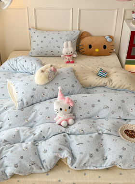 晚安猫INS奶油萌趣卡通牛奶绒四件套少女心宿舍三件套床单床品