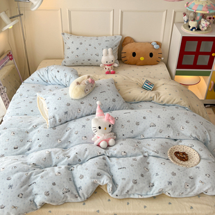 晚安猫INS奶油萌趣卡通牛奶绒四件套少女心宿舍三件套床单床品