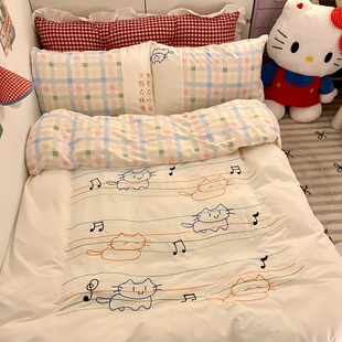 晚安猫少女心混搭乐谱小猫水洗棉四件套学生宿舍三件套磨毛床品