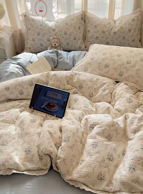 晚安猫ins风少女心小清新碎花水洗棉四件套宿舍床单三件套床品