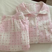 晚安猫樱花布丁猫A类全棉双层纱长袖 翻领睡衣卡通可爱软糯家居服