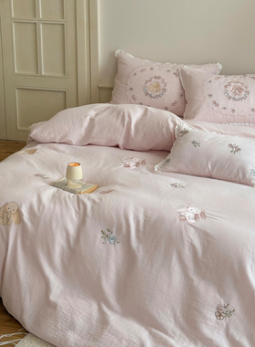 晚安猫可爱兔子刺绣全棉皱皱纱四件套纯棉被套床单床笠床上用品